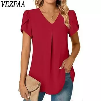 VEZFAA женские модные повседневные летние весенние однотонные блузки и рубашки с v-образным вырезом и короткими рукавами с принтом S чёрный