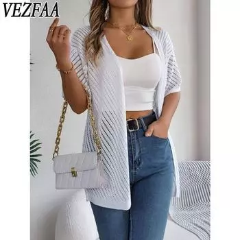 VEZFAA Женская мода Повседневная Летняя Весна Однотонные принты Короткие рукава Блузки и рубашки S белый