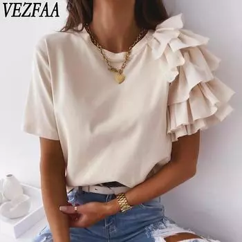 VEZFAA женские модные повседневные летние весенние однотонные блузки и рубашки с короткими рукавами и круглым вырезом с принтом S чёрный