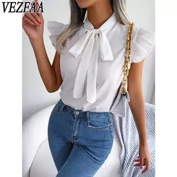 VEZFAA Женская мода Повседневная Летняя Весна Однотонные принтованные блузки и рубашки без рукавов S белый