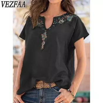 VEZFAA женские модные повседневные летние весенние однотонные блузки и рубашки с v-образным вырезом и короткими рукавами с принтом S зелёный