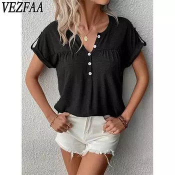 VEZFAA женские модные повседневные летние весенние однотонные блузки и рубашки с v-образным вырезом и короткими рукавами с принтом S чёрный