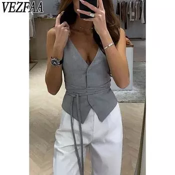 VEZFAA женские модные повседневные летние весенние однотонные блузки и рубашки без рукавов с v-образным вырезом и принтом S серый