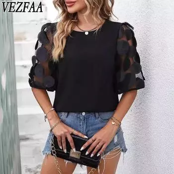 VEZFAA женские модные повседневные летние весенние однотонные блузки и рубашки с круглым вырезом и рукавами 1/2 с принтом S розовый