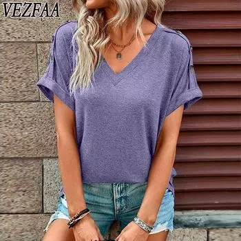 VEZFAA женские модные повседневные летние весенние однотонные блузки и рубашки с v-образным вырезом и короткими рукавами с принтом S чёрный