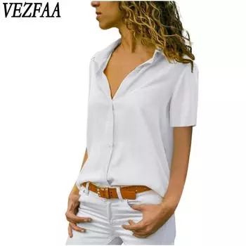 VEZFAA женские модные повседневные летние весенние однотонные рубашки-поло с короткими рукавами и принтом, блузки и рубашки S белый