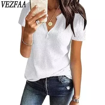 VEZFAA женские модные повседневные летние весенние однотонные блузки и рубашки с v-образным вырезом и короткими рукавами с принтом S белый