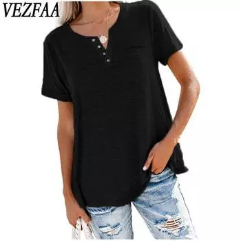 VEZFAA женские модные повседневные летние весенние однотонные блузки и рубашки с v-образным вырезом и короткими рукавами с принтом S чёрный