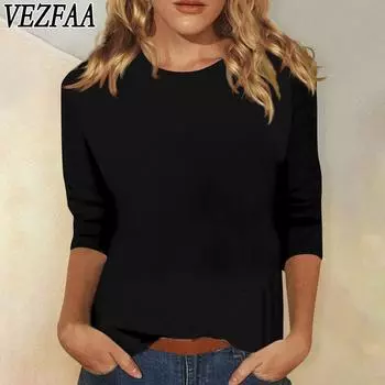 VEZFAA Женские модные повседневные летние весенние однотонные блузки и рубашки с круглым вырезом и рукавами 3/4 с принтом S чёрный