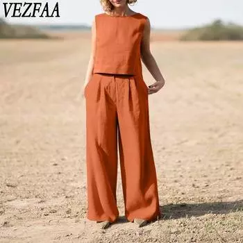 VEZFAA Женские модные повседневные летние весенние однотонные принтованные брюки без рукавов с круглым вырезом костюмы S оранжевый