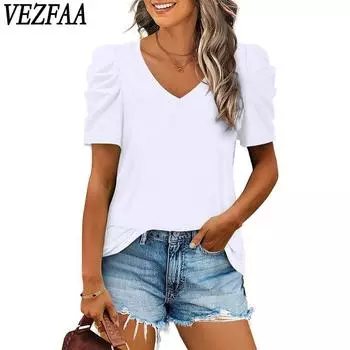 VEZFAA женские модные повседневные летние весенние однотонные блузки и рубашки с v-образным вырезом и короткими рукавами с принтом S белый