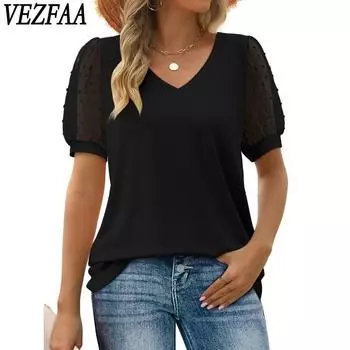 VEZFAA женские модные повседневные летние весенние однотонные блузки и рубашки с v-образным вырезом и короткими рукавами с принтом S чёрный
