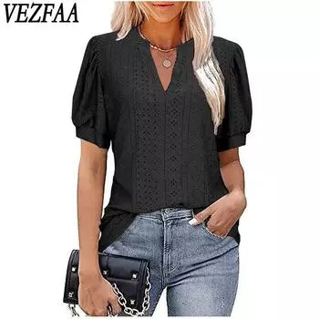 VEZFAA женские модные повседневные летние весенние однотонные блузки и рубашки с v-образным вырезом и короткими рукавами с принтом S чёрный