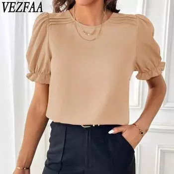 VEZFAA женские модные повседневные летние весенние однотонные блузки и рубашки с короткими рукавами и круглым вырезом с принтом S чёрный