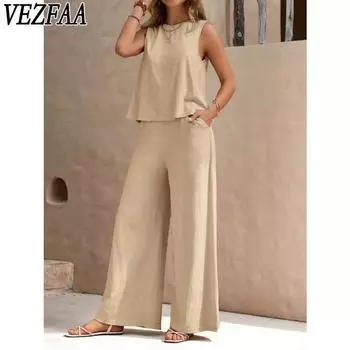 VEZFAA Женские модные повседневные летние весенние однотонные принтованные брюки без рукавов с круглым вырезом костюмы S