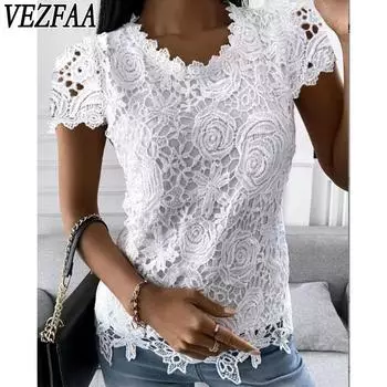 VEZFAA женские модные повседневные летние весенние однотонные блузки и рубашки с короткими рукавами и круглым вырезом с принтом S