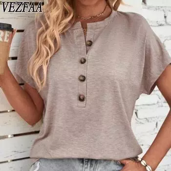 VEZFAA женские модные повседневные летние весенние однотонные блузки и рубашки с короткими рукавами и круглым вырезом с принтом S чёрный