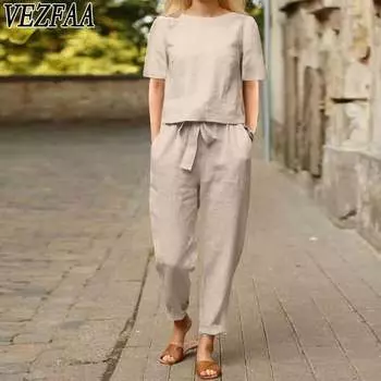 VEZFAA Женские модные повседневные летние весенние однотонные принты с коротким рукавом и круглым вырезом брюки костюмы S хаки