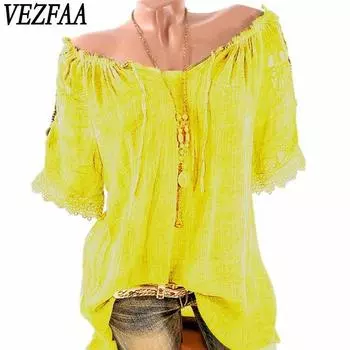 VEZFAA Женские модные повседневные летние весенние однотонные блузки и рубашки на одно плечо с коротким рукавом и принтом S жёлтый