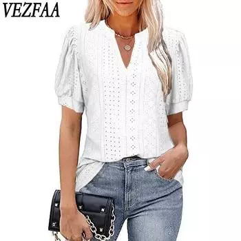 VEZFAA женские модные повседневные летние весенние однотонные блузки и рубашки с v-образным вырезом и короткими рукавами с принтом S белый