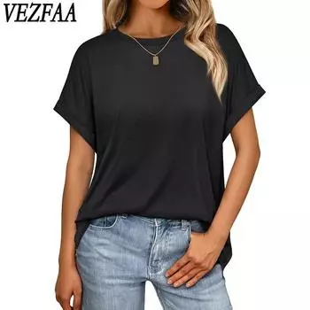 VEZFAA женские модные повседневные летние весенние однотонные блузки и рубашки с короткими рукавами и круглым вырезом с принтом S чёрный