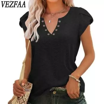 VEZFAA женские модные повседневные летние весенние однотонные блузки и рубашки с v-образным вырезом и короткими рукавами с принтом S чёрный