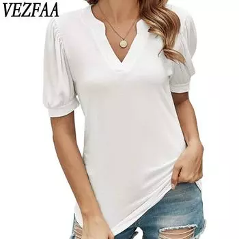 VEZFAA женские модные повседневные летние весенние однотонные блузки и рубашки с v-образным вырезом и короткими рукавами с принтом S чёрный