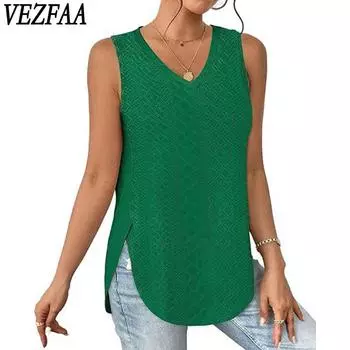 VEZFAA женские модные повседневные летние весенние однотонные блузки и рубашки без рукавов с v-образным вырезом и принтом S чёрный