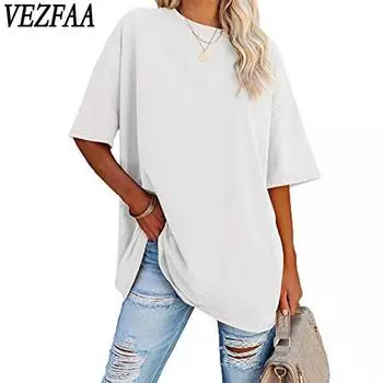 VEZFAA женские модные повседневные летние весенние однотонные блузки и рубашки с v-образным вырезом и короткими рукавами с принтом S белый