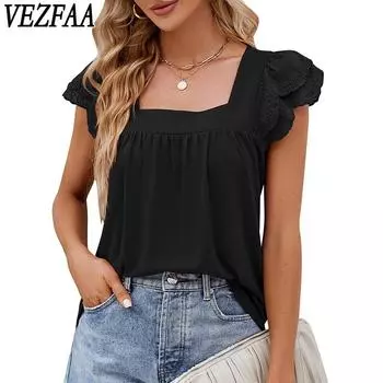 VEZFAA женские модные повседневные летние весенние однотонные блузки и рубашки с короткими рукавами и квадратным воротником с принтом S чёрный
