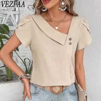 VEZFAA женские модные повседневные летние весенние однотонные блузки и рубашки с v-образным вырезом и короткими рукавами с принтом S чёрный
