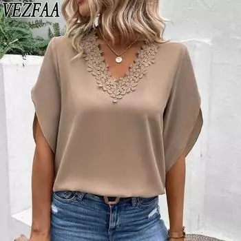 VEZFAA женские модные повседневные летние весенние однотонные блузки и рубашки с v-образным вырезом и короткими рукавами с принтом S чёрный