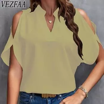 VEZFAA женские модные повседневные летние весенние однотонные блузки и рубашки с v-образным вырезом и короткими рукавами с принтом S белый