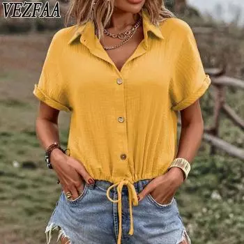 VEZFAA женские модные повседневные летние весенние однотонные рубашки-поло с короткими рукавами и принтом, блузки и рубашки S чёрный