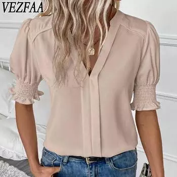 VEZFAA женские модные повседневные летние весенние однотонные блузки и рубашки с v-образным вырезом и короткими рукавами с принтом S фиолетовый