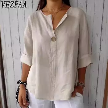 VEZFAA Женские модные повседневные летние весенние однотонные блузки и рубашки с рукавами 3/4 и v-образным вырезом с принтом S белый