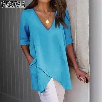 VEZFAA женские модные повседневные летние весенние однотонные блузки и рубашки с v-образным вырезом и короткими рукавами с принтом S жёлтый