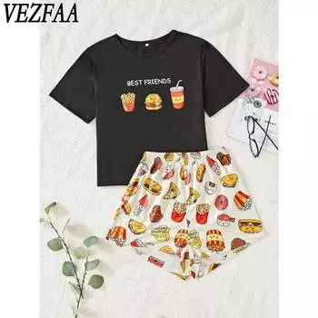 VEZFAA Женские модные повседневные летние весенние однотонные принты с коротким рукавом и круглым вырезом брюки костюмы S