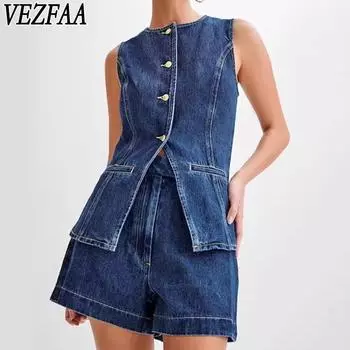 VEZFAA Женские модные повседневные летние весенние однотонные принтованные брюки без рукавов с круглым вырезом костюмы S