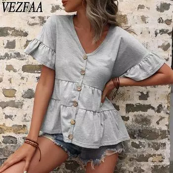 VEZFAA женские модные повседневные летние весенние однотонные блузки и рубашки с v-образным вырезом и короткими рукавами с принтом S светло-серый