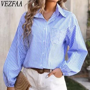 VEZFAA женские модные повседневные летние весенние полосатые рубашки-поло с принтом и длинным рукавом, блузки и рубашки S небесно-голубой