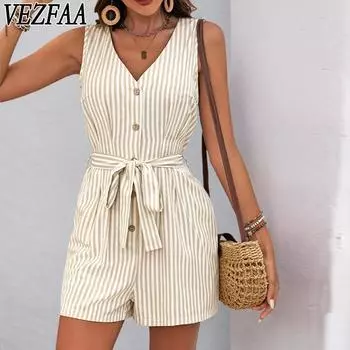 VEZFAA Женские модные повседневные летние весенние полосатые брюки без рукавов с v-образным вырезом и высокой талией, комбинезоны и ромперы S хаки