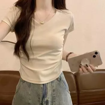 VEZFAA женские модные повседневные однотонные блузки и рубашки с короткими рукавами и v-образным вырезом с принтом