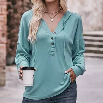 VEZFAA женские модные повседневные однотонные блузки и рубашки с капюшоном и длинными рукавами с принтом