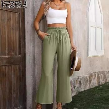 VEZFAA женские модные повседневные однотонные брюки с высокой талией и принтом, брюки и капри S зелёный