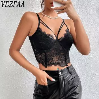VEZFAA женские модные повседневные однотонные кружевные принты лето весна подтяжки без рукавов сексуальные боди XS чёрный