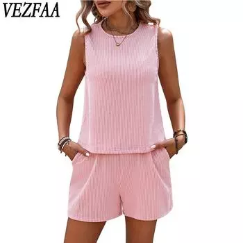 VEZFAA женские модные повседневные однотонные рубашки без рукавов с круглым вырезом и принтом, шорты, костюмы S розовый