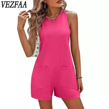 VEZFAA женские модные повседневные однотонные рубашки с круглым вырезом без рукавов с принтом на лето и весну, шорты, комбинезоны и комбинезоны