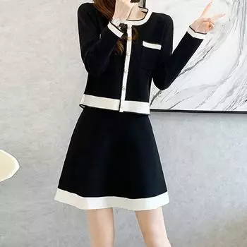 VEZFAA женские модные повседневные осенне-зимние костюмы с юбкой и круглым вырезом с длинными рукавами