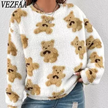 VEZFAA Женские модные повседневные осенне-зимние пуловеры с круглым вырезом и длинными рукавами с длинными рукавами S белый